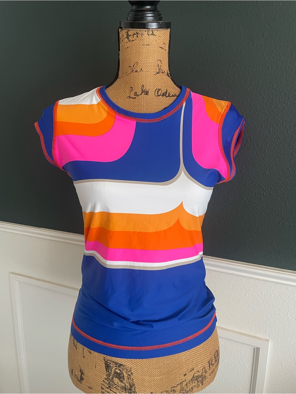 Trina Turk Blue, Pink & Orange Wave Cap-Sleeve Top Rashguard Swim Shirt